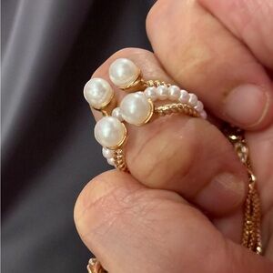 Fine‎ jewelry Stainless Steel Gold and Pearl Women's 3 Piece Ring Set